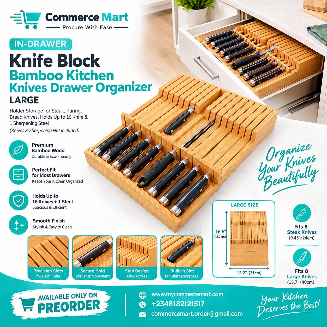 photo_1_2026-09-21_08-33-18 Large Bamboo In-Drawer Knife Block Organizer – Holds Up to 16 Knives + Sharpening Steel - Image 1
