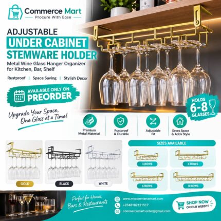 Adjustable Under-Cabinet Stemware Holder – Space-Saving Wine Glass Rack